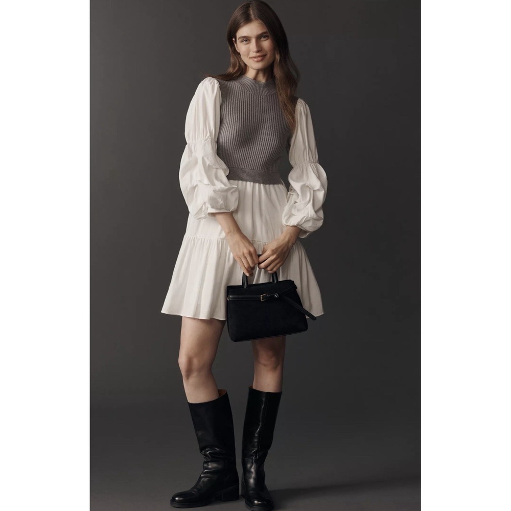 Anthropologie English Factory Twofer Sweater Mini Dress Gray White Puff Sleeve L